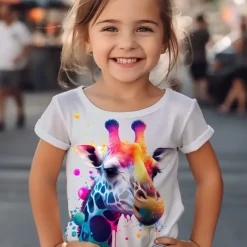Girls' 3D Graphic Cartoon Giraffe T shirt Tee Short Sleeve 3D Print Summer Spring Active Fashion Cute Kids 3-12 Years Outdoor Casual Daily Regular Fit