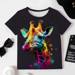 Girls' 3D Graphic Cartoon Giraffe T shirt Tee Short Sleeve 3D Print Summer Spring Active Fashion Cute Kids 3-12 Years Outdoor Casual Daily Regular Fit