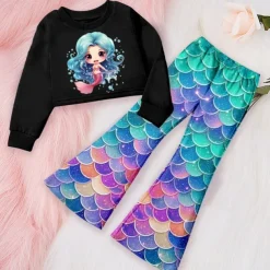 Girls' 3D Graphic Cartoon Mermaid Sweatshirt & Sweatpants Set Clothing Set Pink Long Sleeve 3D Print Fall Winter Active Fashion Daily Kids 3-12 Years Outdoor Vacation Date Regular Fit