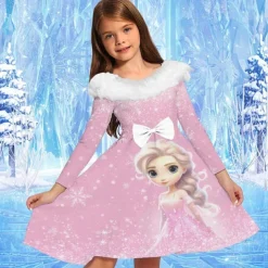 Girls' 3D Graphic Cartoon Snowflake Dress Ruffle Dress Long Sleeve Spring Fall Vacation Daily Holiday Beautiful Sweet Kids 4-12 Years Party Dress A Line Dress Knee-length Regular Fit
