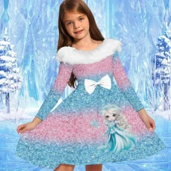 Girls' 3D Graphic Cartoon Snowflake Dress Ruffle Dress Long Sleeve Spring Fall Vacation Daily Holiday Beautiful Sweet Kids 4-12 Years Party Dress A Line Dress Knee-length Regular Fit