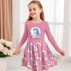 Girls' 3D Graphic Cartoon Unicorn Dress Long Sleeve 3D Print Summer Fall Vacation Sports & Outdoor Daily Cute Casual Beautiful Kids 3-12 Years Casual Dress A Line Dress Above Knee Regular Fit