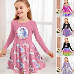Girls' 3D Graphic Cartoon Unicorn Dress Long Sleeve 3D Print Summer Fall Vacation Sports & Outdoor Daily Cute Casual Beautiful Kids 3-12 Years Casual Dress A Line Dress Above Knee Regular Fit