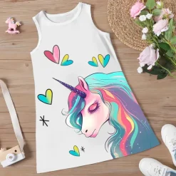 Girls' 3D Graphic Cartoon Unicorn Dress Sleeveless 3D Print Summer Spring Sports & Outdoor Daily Holiday Cute Casual Sweet Kids 3-12 Years Casual Dress A Line Dress Tank Dress Above Knee Polyester