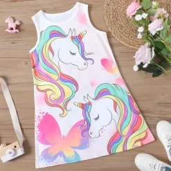 Girls' 3D Graphic Cartoon Unicorn Dress Sleeveless 3D Print Summer Spring Sports & Outdoor Daily Holiday Cute Casual Sweet Kids 3-12 Years Casual Dress A Line Dress Tank Dress Above Knee Polyester