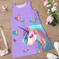 Girls' 3D Graphic Cartoon Unicorn Dress Sleeveless 3D Print Summer Spring Sports & Outdoor Daily Holiday Cute Casual Sweet Kids 3-12 Years Casual Dress A Line Dress Tank Dress Above Knee Polyester