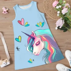 Girls' 3D Graphic Cartoon Unicorn Dress Sleeveless 3D Print Summer Spring Sports & Outdoor Daily Holiday Cute Casual Sweet Kids 3-12 Years Casual Dress A Line Dress Tank Dress Above Knee Polyester
