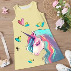 Girls' 3D Graphic Cartoon Unicorn Dress Sleeveless 3D Print Summer Spring Sports & Outdoor Daily Holiday Cute Casual Sweet Kids 3-12 Years Casual Dress A Line Dress Tank Dress Above Knee Polyester