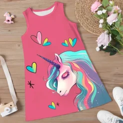 Girls' 3D Graphic Cartoon Unicorn Dress Sleeveless 3D Print Summer Spring Sports & Outdoor Daily Holiday Cute Casual Sweet Kids 3-12 Years Casual Dress A Line Dress Tank Dress Above Knee Polyester