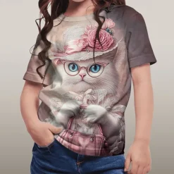 Girls' 3D Graphic Cat T shirt Tee Short Sleeve Summer Spring Fashion Basic Kids 4-12 Years Crew Neck Outdoor Casual Daily Regular Fit