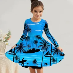 Girls' 3D Graphic Coconut Tree Dress Long Sleeve Summer Spring Vacation Daily Holiday Princess Beautiful Sweet Kids 4-12 Years Casual Dress A Line Dress Knee-length Regular Fit