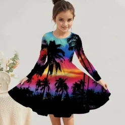 Girls' 3D Graphic Coconut Tree Dress Long Sleeve Summer Spring Vacation Daily Holiday Princess Beautiful Sweet Kids 4-12 Years Casual Dress A Line Dress Knee-length Regular Fit