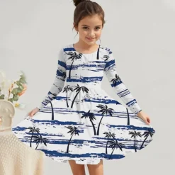 Girls' 3D Graphic Coconut Tree Dress Long Sleeve Summer Spring Vacation Daily Holiday Princess Beautiful Sweet Kids 4-12 Years Casual Dress A Line Dress Knee-length Regular Fit