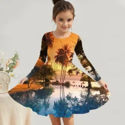 Girls' 3D Graphic Coconut Tree Dress Long Sleeve Summer Spring Vacation Daily Holiday Princess Beautiful Sweet Kids 4-12 Years Casual Dress A Line Dress Knee-length Regular Fit