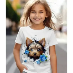 Girls' 3D Graphic Dog T shirt Tee Short Sleeve Summer Spring Fashion Basic Kids 4-12 Years Crew Neck Outdoor Casual Daily Regular Fit