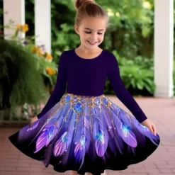 Girls' 3D Graphic Dress Long Sleeve 3D Print Summer Fall Vacation Sports & Outdoor Daily Cute Casual Beautiful Kids 3-12 Years Casual Dress A Line Dress Above Knee Regular Fit