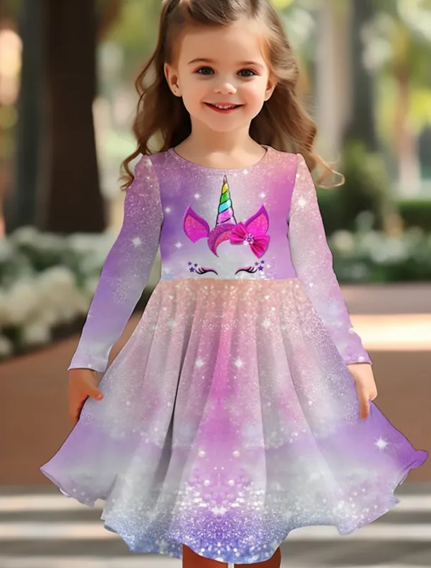 Girls' 3D Graphic Dress Long Sleeve 3D Print Spring Fall Vacation Daily Holiday Cute Casual Sweet Kids 3-10 Years Swing Dress A Line Dress Above Knee Regular Fit
