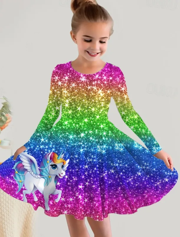 Girls' 3D Graphic Dress Long Sleeve 3D Print Spring Fall Vacation Daily Holiday Cute Casual Sweet Kids 3-10 Years Swing Dress A Line Dress Above Knee Regular Fit