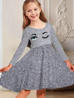 Girls' 3D Graphic Dress Long Sleeve 3D Print Spring Fall Vacation Daily Holiday Cute Casual Sweet Kids 3-10 Years Swing Dress A Line Dress Above Knee Regular Fit