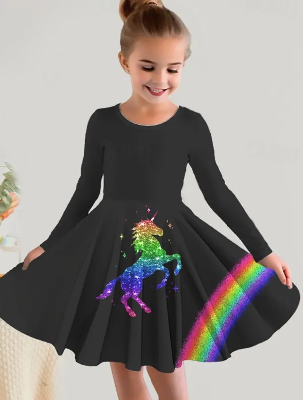 Girls' 3D Graphic Dress Long Sleeve 3D Print Spring Fall Vacation Daily Holiday Cute Casual Sweet Kids 3-10 Years Swing Dress A Line Dress Above Knee Regular Fit
