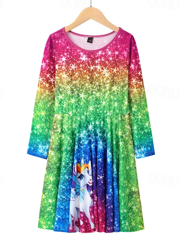 Girls' 3D Graphic Dress Long Sleeve 3D Print Spring Fall Vacation Daily Holiday Cute Casual Sweet Kids 3-10 Years Swing Dress A Line Dress Above Knee Regular Fit