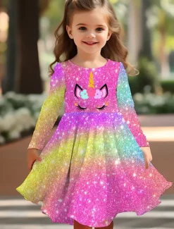 Girls' 3D Graphic Dress Long Sleeve 3D Print Spring Fall Vacation Daily Holiday Cute Casual Sweet Kids 3-10 Years Swing Dress A Line Dress Above Knee Regular Fit