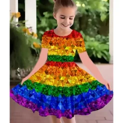 Girls' 3D Graphic Dress Short Sleeve Summer Spring Vacation Daily Holiday Princess Beautiful Sweet Kids 4-12 Years Casual Dress A Line Dress Knee-length Regular Fit