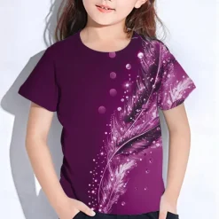 Girls' 3D Graphic Feathers T shirt Tee Short Sleeve Summer Spring Fashion Basic Kids 4-12 Years Crew Neck Outdoor Casual Daily Regular Fit