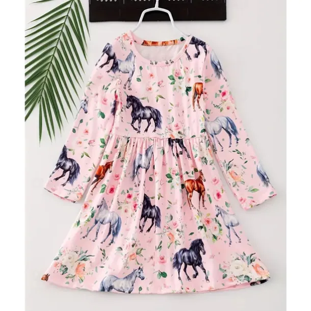 Girls' 3D Graphic Horse Dress Long Sleeve Summer Spring Vacation Daily Holiday Beautiful Sweet Kids 4-12 Years Casual Dress A Line Dress Knee-length Regular Fit