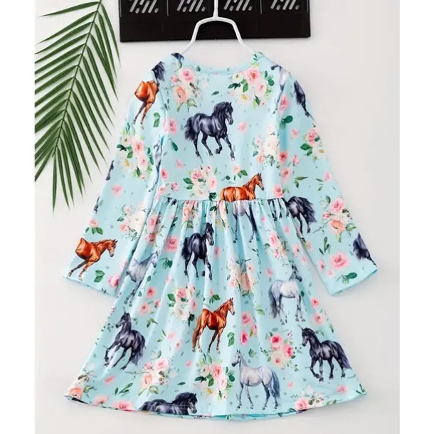 Girls' 3D Graphic Horse Dress Long Sleeve Summer Spring Vacation Daily Holiday Beautiful Sweet Kids 4-12 Years Casual Dress A Line Dress Knee-length Regular Fit