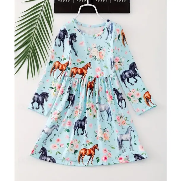 Girls' 3D Graphic Horse Dress Long Sleeve Summer Spring Vacation Daily Holiday Beautiful Sweet Kids 4-12 Years Casual Dress A Line Dress Knee-length Regular Fit