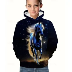 Girls' 3D Graphic Horse Hoodie Long Sleeve Spring Fall Fashion Streetwear Kids 4-12 Years Hooded Outdoor Casual Daily Regular Fit