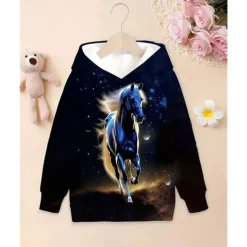 Girls' 3D Graphic Horse Hoodie Long Sleeve Spring Fall Fashion Streetwear Kids 4-12 Years Hooded Outdoor Casual Daily Regular Fit