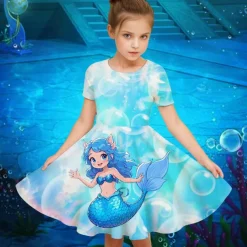 Girls' 3D Graphic Mermaid Dress Short Sleeve Summer Spring Vacation Daily Holiday Princess Beautiful Sweet Kids 4-12 Years Casual Dress A Line Dress Knee-length Regular Fit