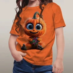 Girls' 3D Graphic Pumpkin T shirt Tee Short Sleeve Summer Spring Fashion Basic Kids 4-12 Years Crew Neck Outdoor Casual Daily Regular Fit