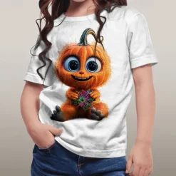 Girls' 3D Graphic Pumpkin T shirt Tee Short Sleeve Summer Spring Fashion Basic Kids 4-12 Years Crew Neck Outdoor Casual Daily Regular Fit