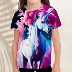Girls' 3D Graphic Unicorn Cloud T shirt Tee Short Sleeve 3D Print Summer Spring Active Fashion Cute Kids 3-12 Years Outdoor Casual Daily Regular Fit
