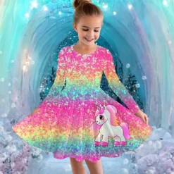 Girls' 3D Graphic Unicorn Dress Long Sleeve Summer Spring Vacation Daily Holiday Princess Beautiful Sweet Kids 4-12 Years Casual Dress A Line Dress Knee-length Regular Fit