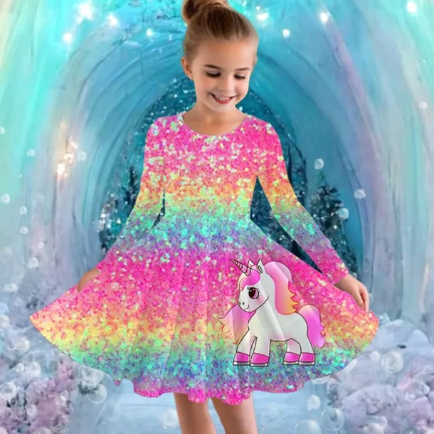 Girls' 3D Graphic Unicorn Dress Long Sleeve Summer Spring Vacation Daily Holiday Princess Beautiful Sweet Kids 4-12 Years Casual Dress A Line Dress Knee-length Regular Fit