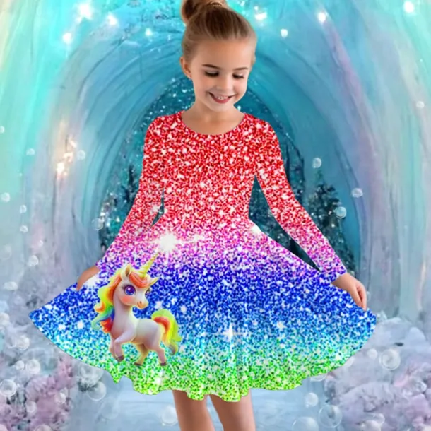 Girls' 3D Graphic Unicorn Dress Long Sleeve Summer Spring Vacation Daily Holiday Princess Beautiful Sweet Kids 4-12 Years Casual Dress A Line Dress Knee-length Regular Fit