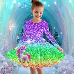 Girls' 3D Graphic Unicorn Dress Long Sleeve Summer Spring Vacation Daily Holiday Princess Beautiful Sweet Kids 4-12 Years Casual Dress A Line Dress Knee-length Regular Fit