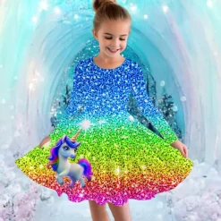 Girls' 3D Graphic Unicorn Dress Long Sleeve Summer Spring Vacation Daily Holiday Princess Beautiful Sweet Kids 4-12 Years Casual Dress A Line Dress Knee-length Regular Fit