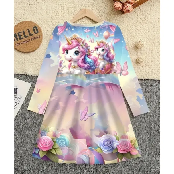 Girls' 3D Graphic Unicorn Dress Long Sleeve Summer Spring Vacation Daily Holiday Princess Beautiful Sweet Kids 4-12 Years Casual Dress A Line Dress Knee-length Regular Fit