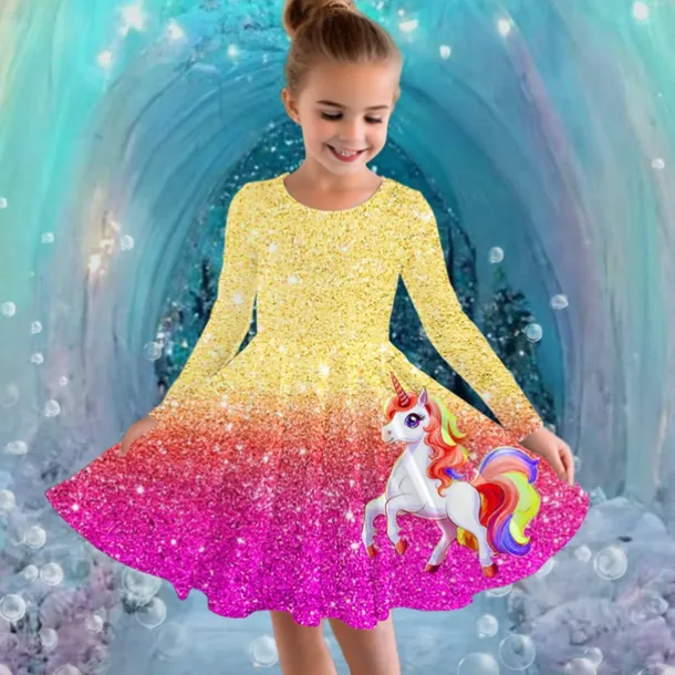 Girls' 3D Graphic Unicorn Dress Long Sleeve Summer Spring Vacation Daily Holiday Princess Beautiful Sweet Kids 4-12 Years Casual Dress A Line Dress Knee-length Regular Fit