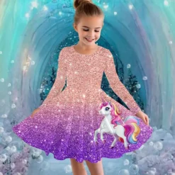 Girls' 3D Graphic Unicorn Dress Long Sleeve Summer Spring Vacation Daily Holiday Princess Beautiful Sweet Kids 4-12 Years Casual Dress A Line Dress Knee-length Regular Fit