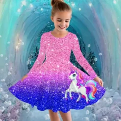 Girls' 3D Graphic Unicorn Dress Long Sleeve Summer Spring Vacation Daily Holiday Princess Beautiful Sweet Kids 4-12 Years Casual Dress A Line Dress Knee-length Regular Fit