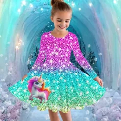 Girls' 3D Graphic Unicorn Dress Long Sleeve Summer Spring Vacation Daily Holiday Princess Beautiful Sweet Kids 4-12 Years Casual Dress A Line Dress Knee-length Regular Fit