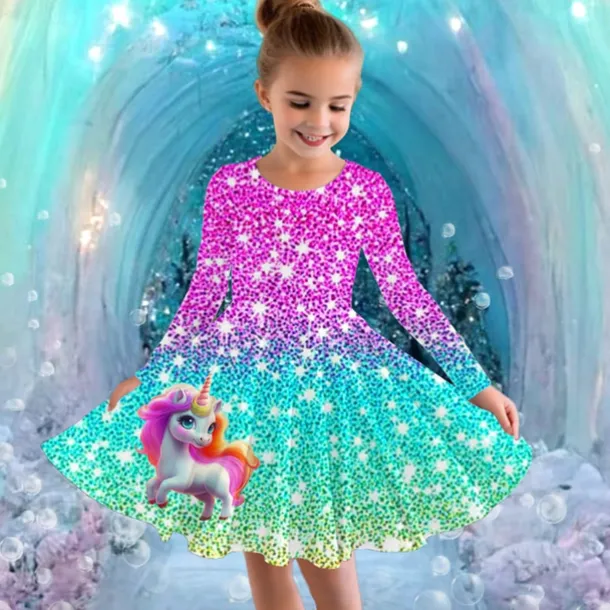 Girls' 3D Graphic Unicorn Dress Long Sleeve Summer Spring Vacation Daily Holiday Princess Beautiful Sweet Kids 4-12 Years Casual Dress A Line Dress Knee-length Regular Fit