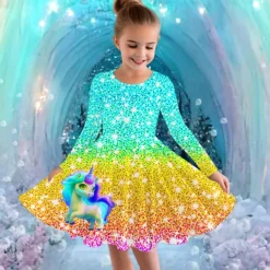 Girls' 3D Graphic Unicorn Dress Long Sleeve Summer Spring Vacation Daily Holiday Princess Beautiful Sweet Kids 4-12 Years Casual Dress A Line Dress Knee-length Regular Fit