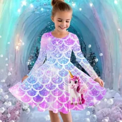 Girls' 3D Graphic Unicorn Dress Long Sleeve Summer Spring Vacation Daily Holiday Princess Beautiful Sweet Kids 4-12 Years Casual Dress A Line Dress Knee-length Regular Fit